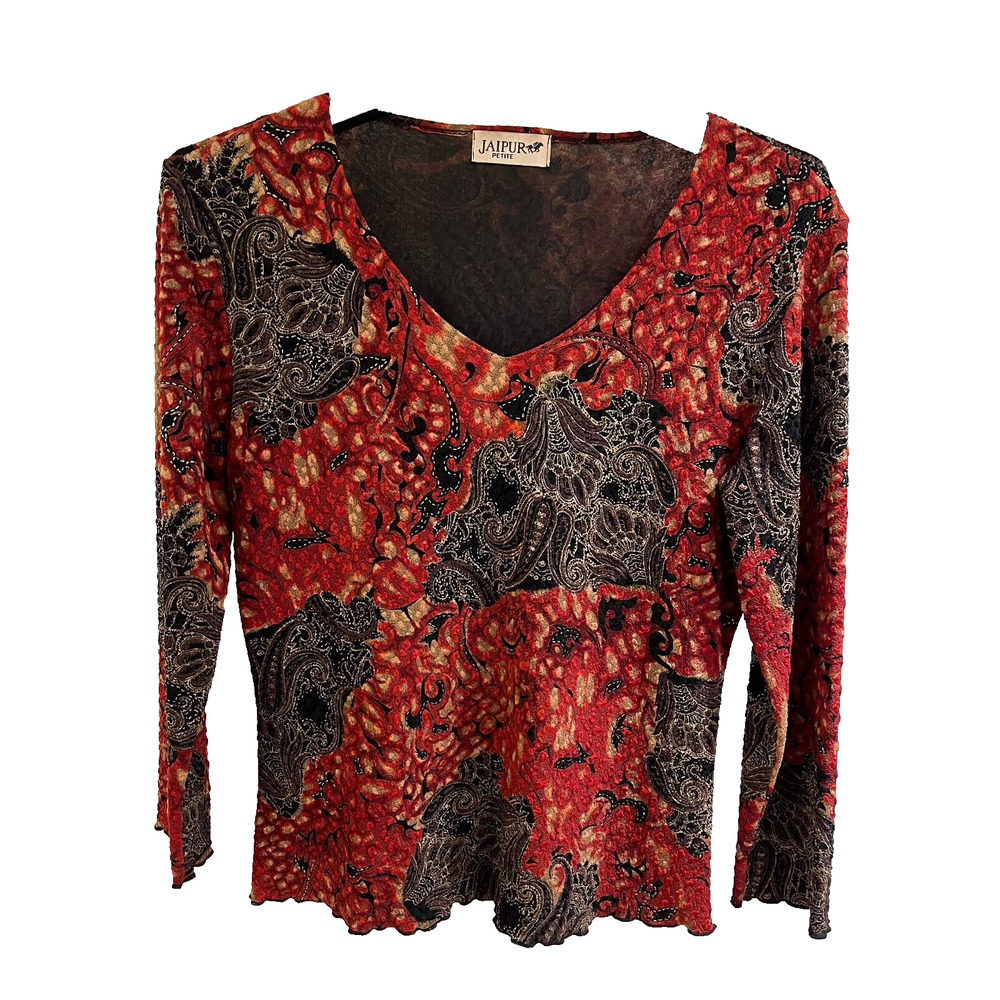 Jaipur Women's Vintage 80's V-Neck Top Petite Med Orange/Reds/Black/Grey A+